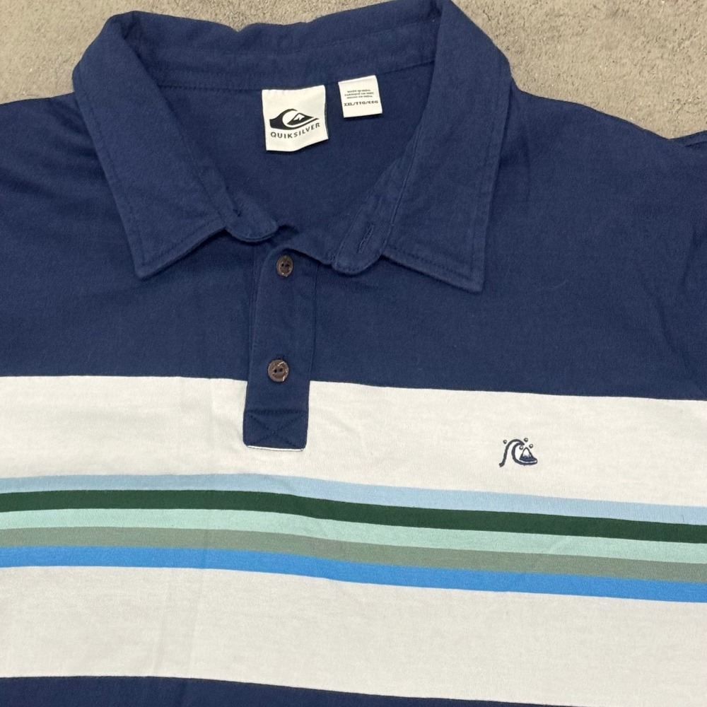 Quiksilver Mens XXL Navy Blue Striped Colorblock Short Sleeve Polo Shirt Logo‎